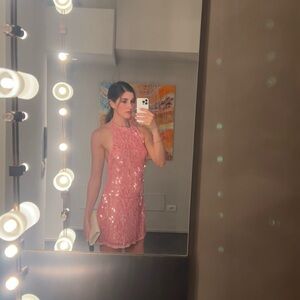 Zara Elegant Pink Sequin Halter mini Dress